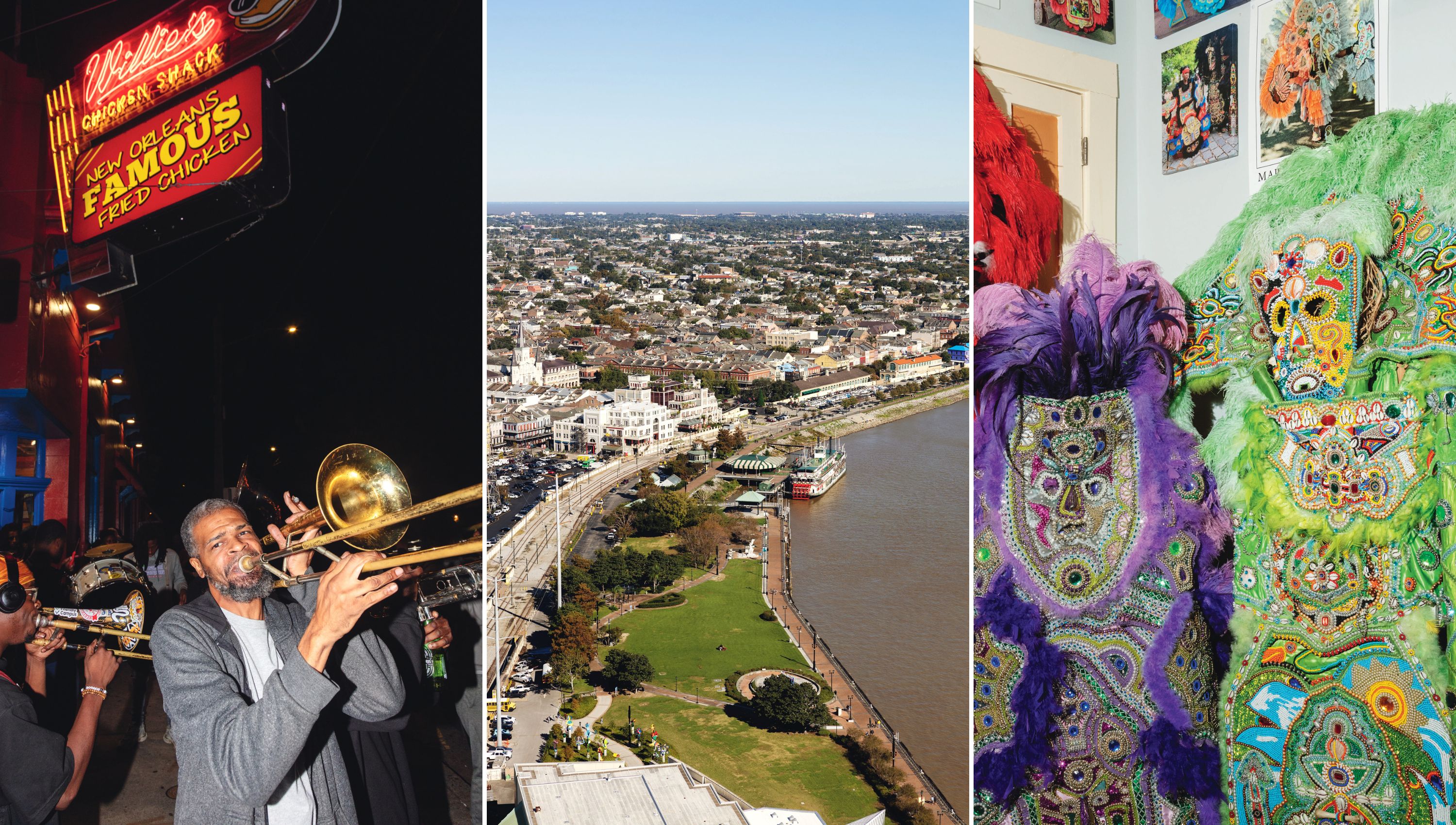 A collage of three images: A man plays a trumpet on the street; A view above the Mississippi toward the French Quarter; A trio of bedazzled mardi gras costumes