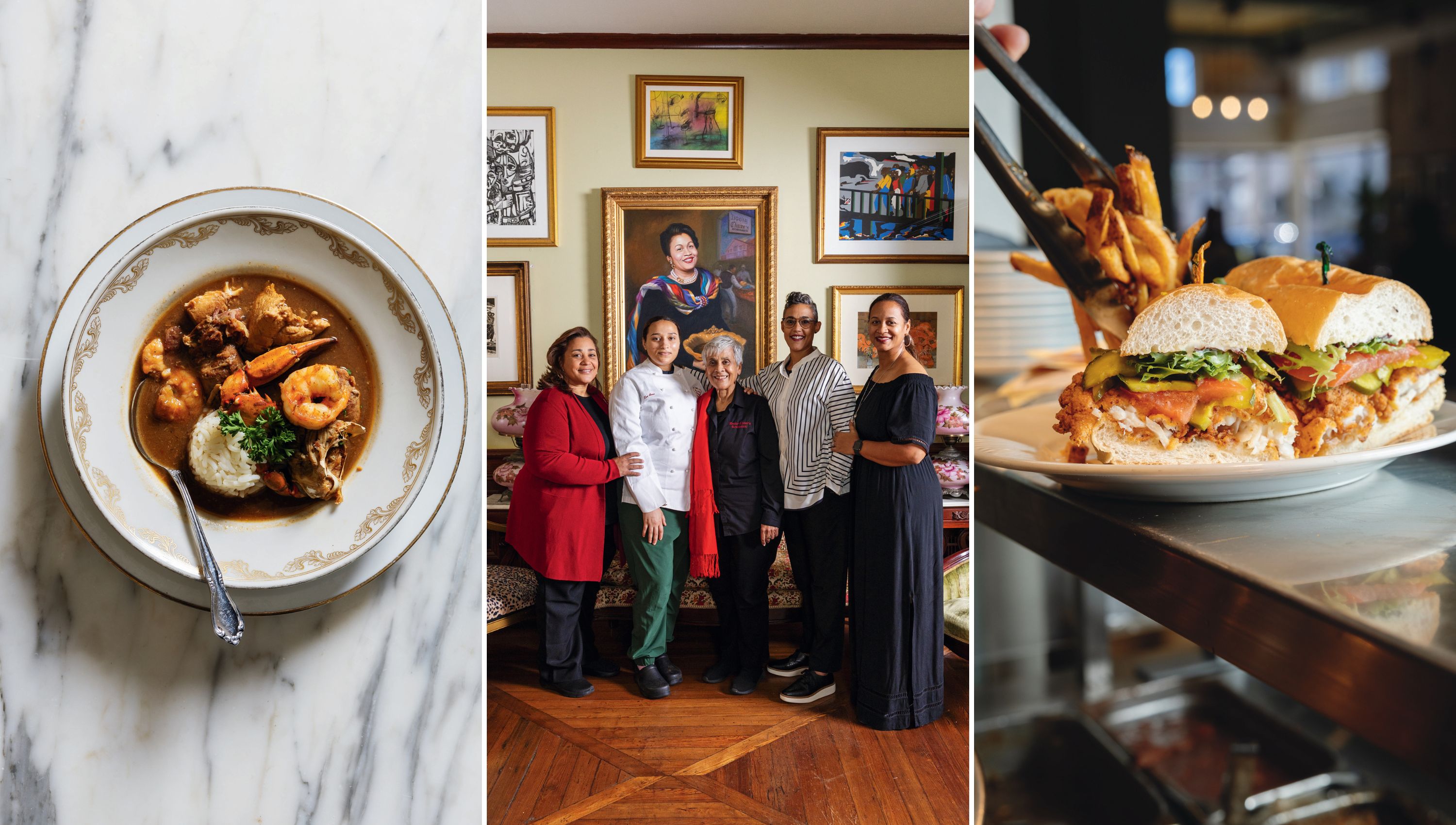 A bowl of gumbo; Five women stand together in a living room; a catfish po'boy on a plate