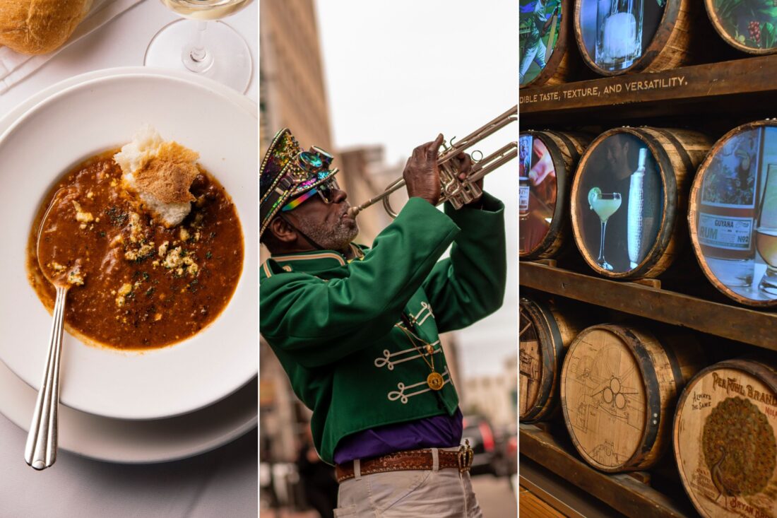 A collage of three images: turtle soup; a man playing a trumpet outside; projections on the the sides of wood barrels stacked into a wall