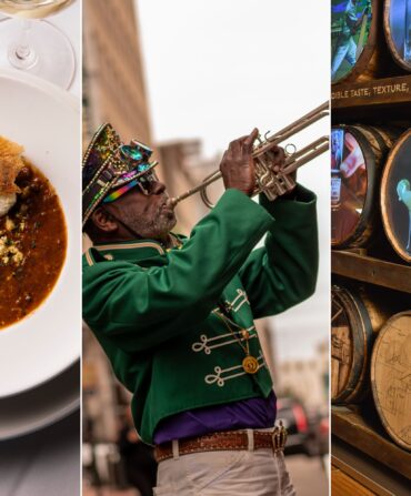 A collage of three images: turtle soup; a man playing a trumpet outside; projections on the the sides of wood barrels stacked into a wall