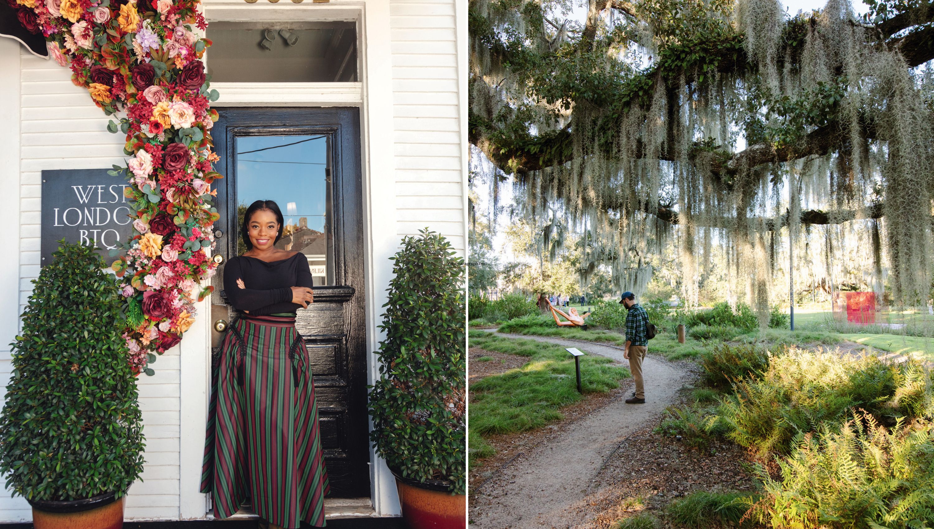 A woman stands in front of a door by two plants; a man stands in a sculpture garden under a live oak tree with moss