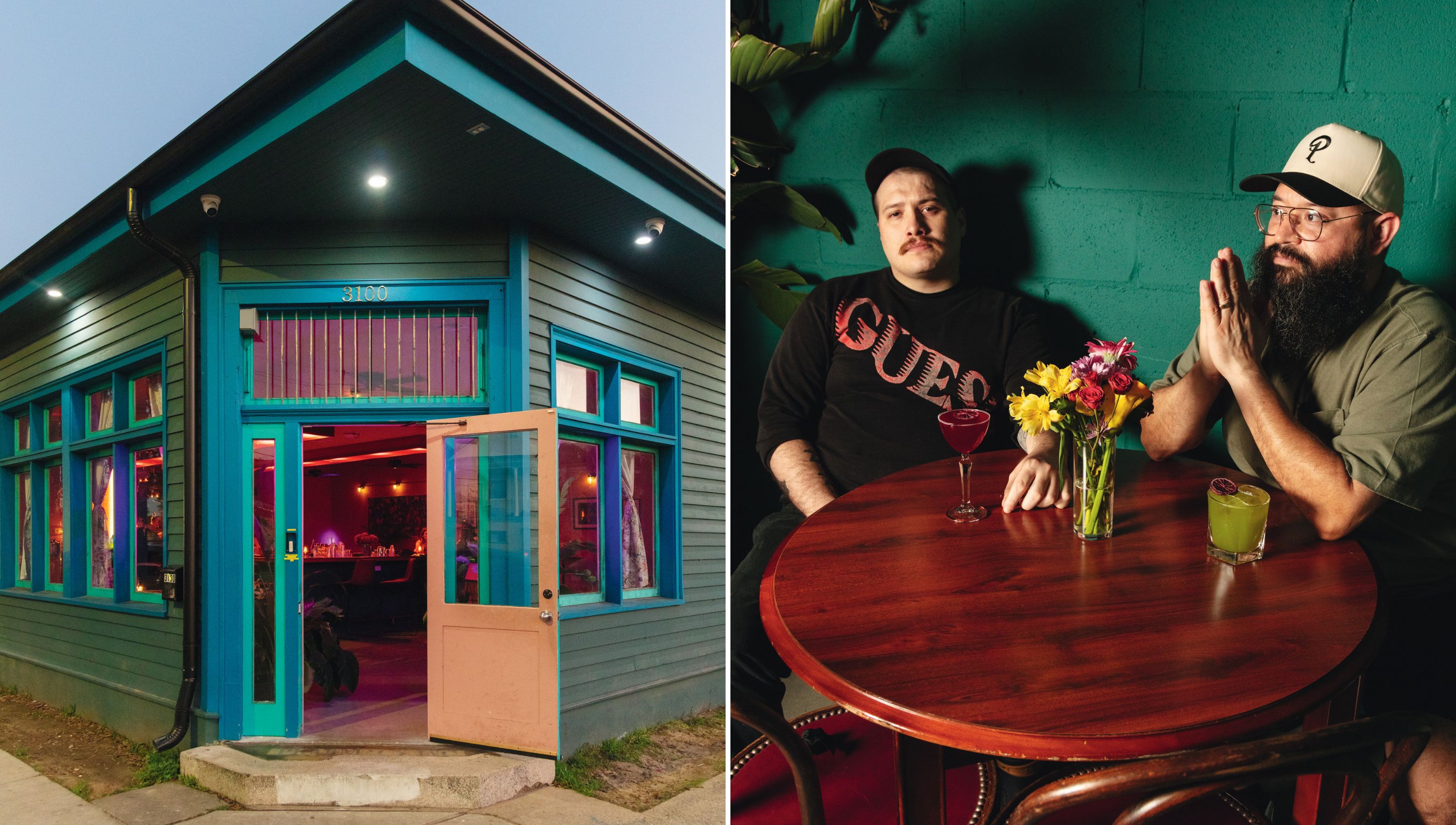 A corner of a teal-colored bar in a New Orleans neighborhood; two men sit at a table with drinks and a vase of flowers