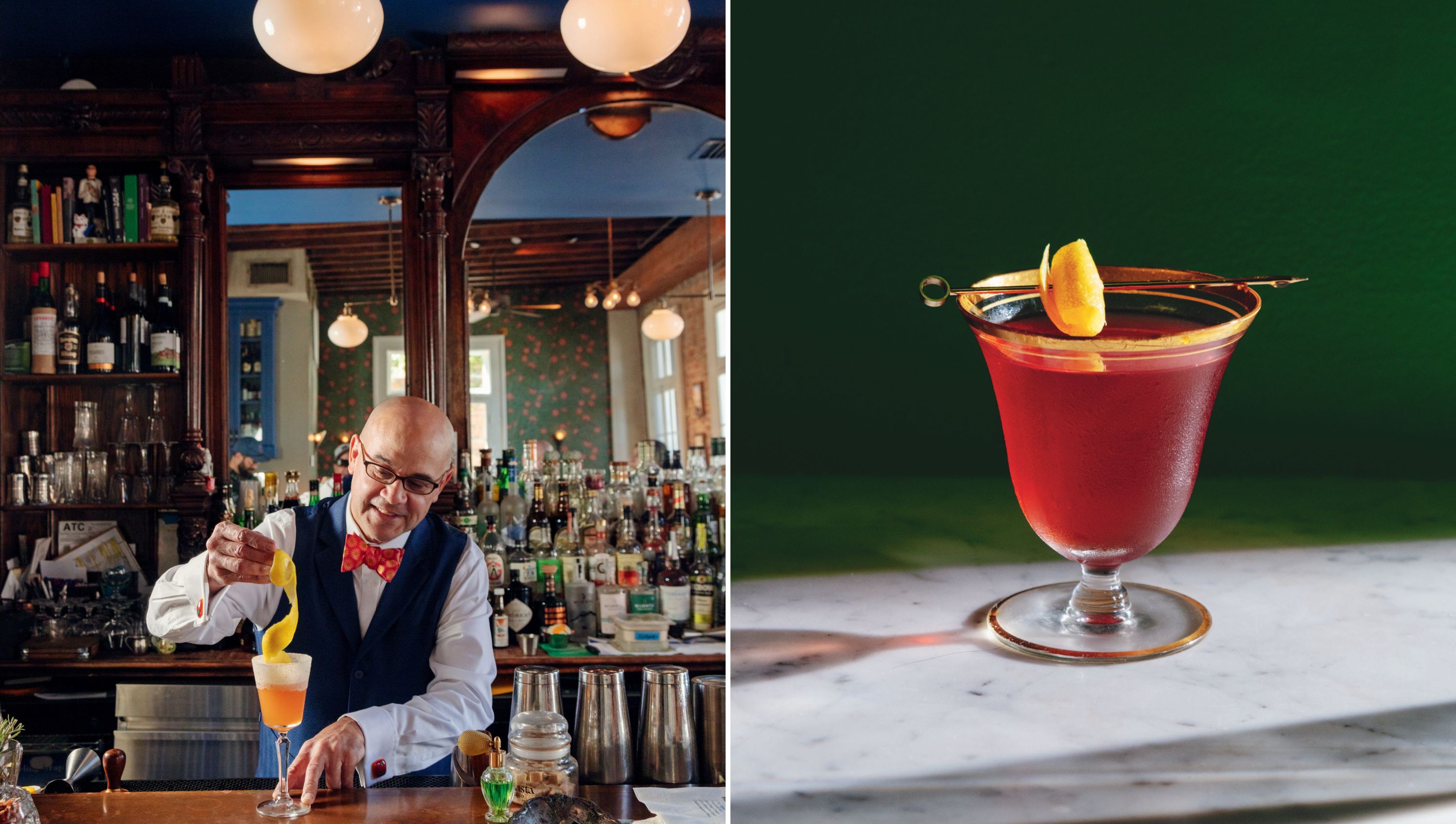 A bartender garnishes a drink with a large lemon peel; a portrait of a sazerac