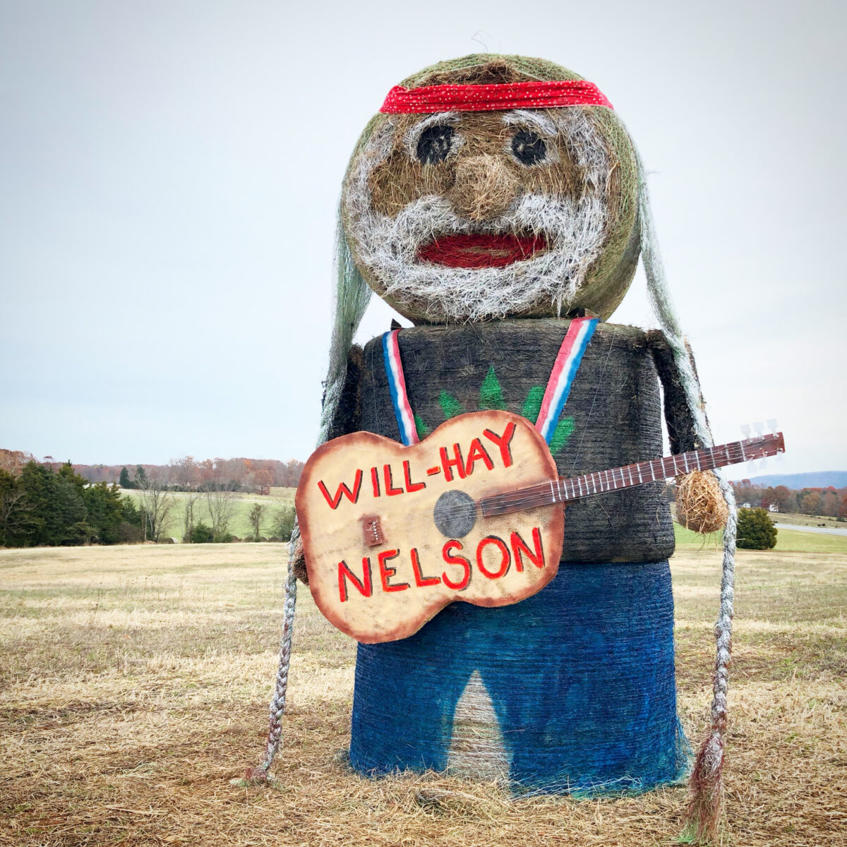 A hay sculpture of Willie Nelson