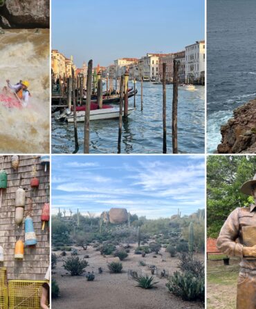 Clockwise, from top left: Whitewater rafting in Brazil; scenic canals in Venice, Italy; exploring the cliffs in Ireland; waiting for lobster rolls in Portland, Maine; the desert in Scottsdale, Arizona; editor CJ Lotz Diego with the new James Lee Burke statue on Main Street in New Iberia, Louisiana.