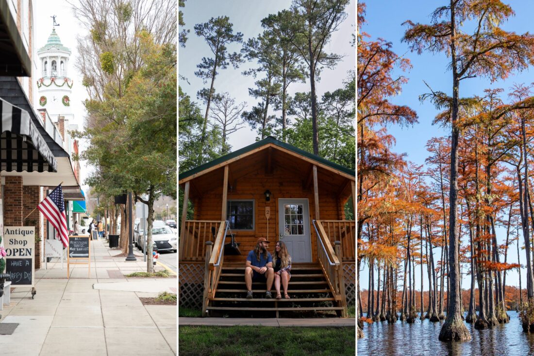 A collage of three images: A downtown sidewalk with shops; a couple on cabin steps; bald cypress trees on the water