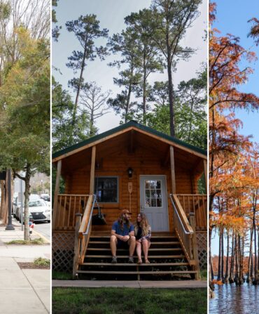 A collage of three images: A downtown sidewalk with shops; a couple on cabin steps; bald cypress trees on the water