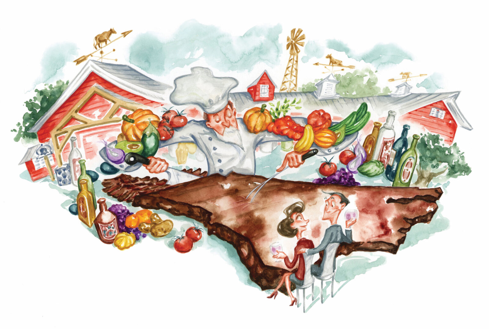 An illustration of people gathered around a steak shaped like North Carolina