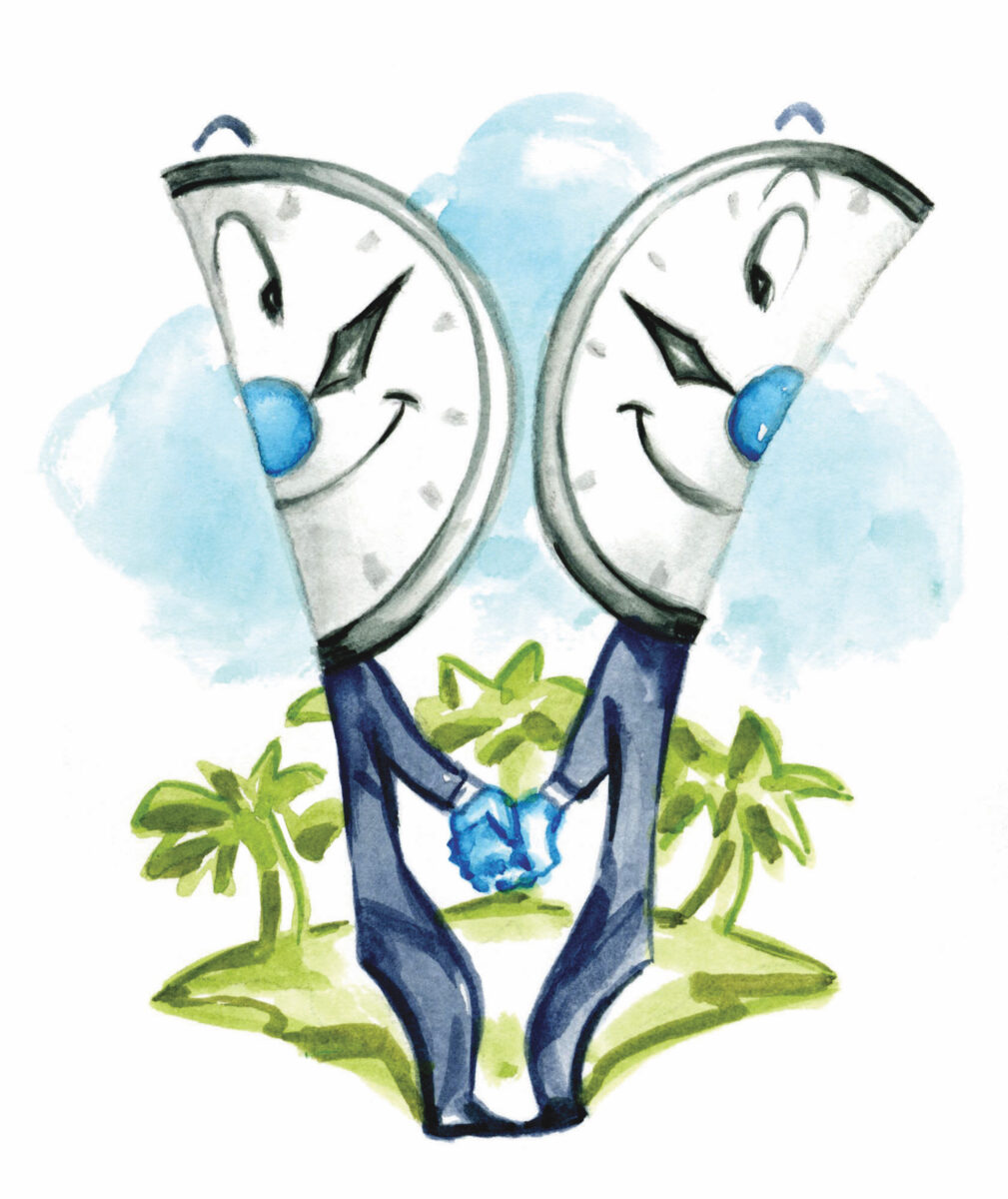 An illustration of humanized clocks holding hands