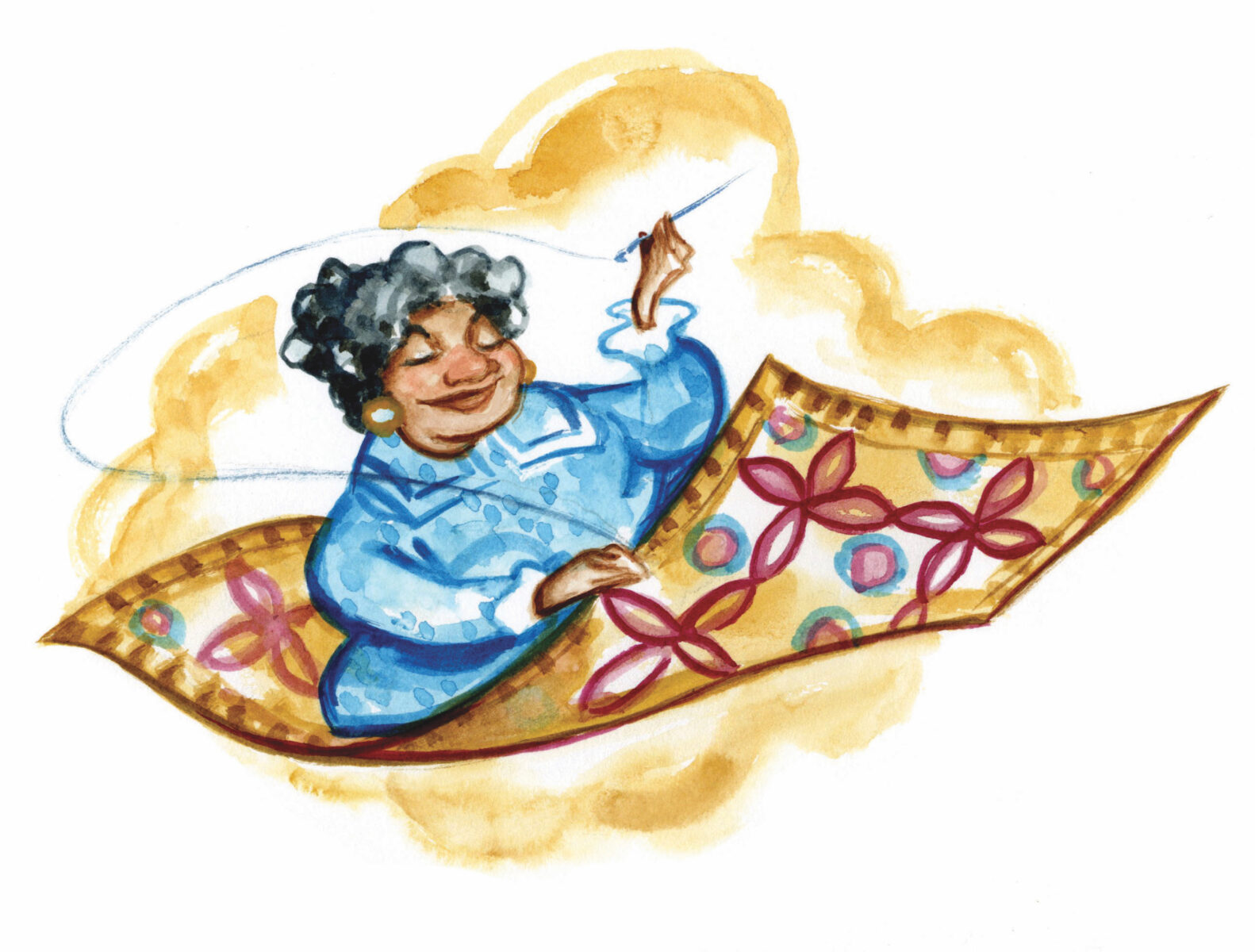 An illustration of a woman stitching a quilt
