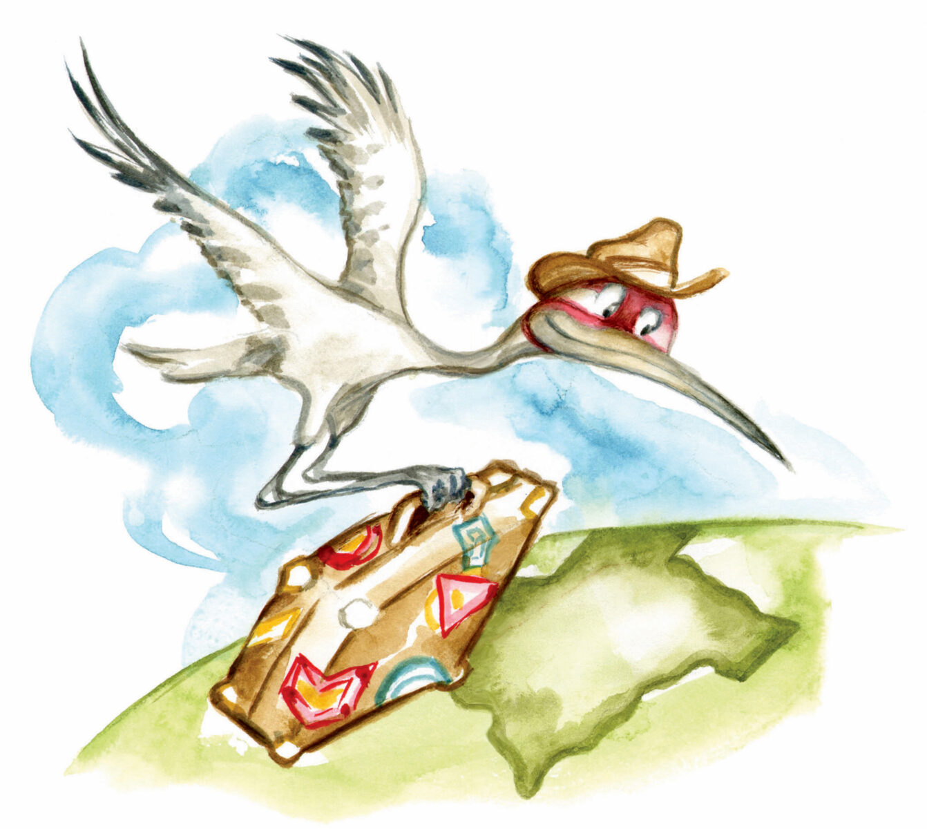 An illustration of a white crane carrying a suitcase