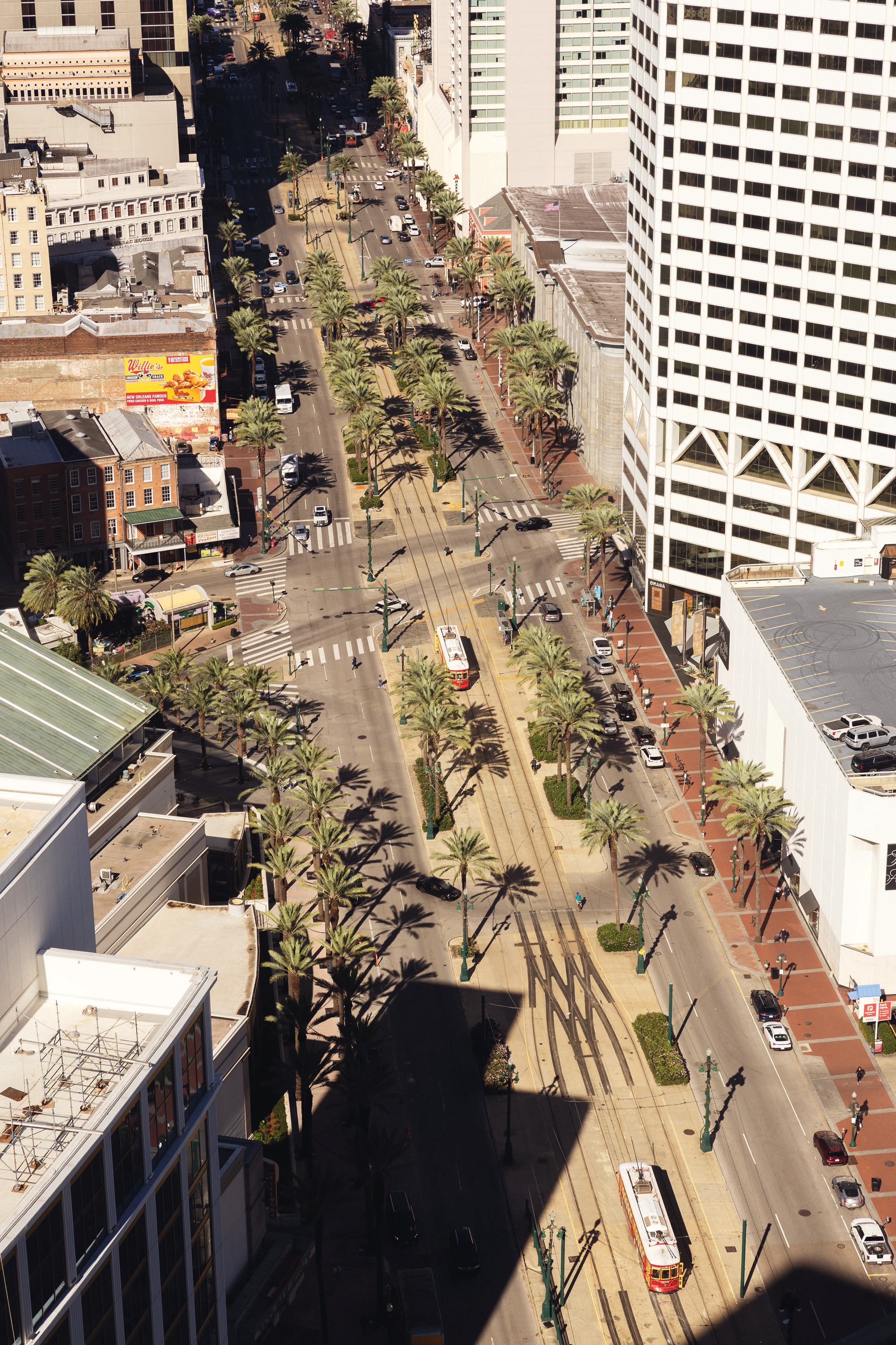 An aerial view of New Orleans with a red street car and parked cars and palm trees