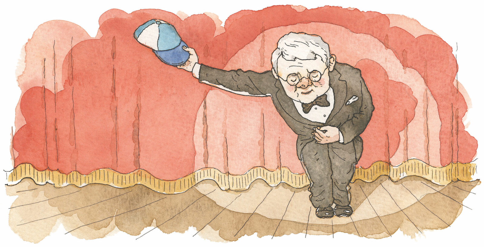 An illustration of a man in a suit taking a bow on a stage