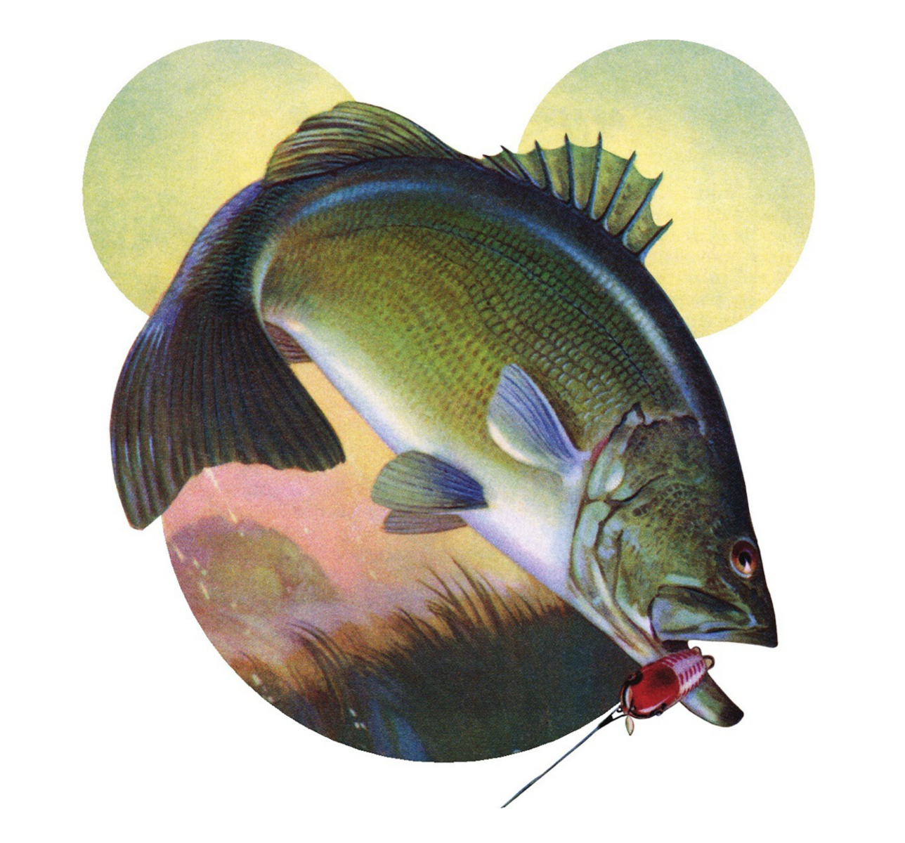 A painted illustration of a green bass fish in front of a marsh. The marsh is cut-out like a Mickey-Mouse head.