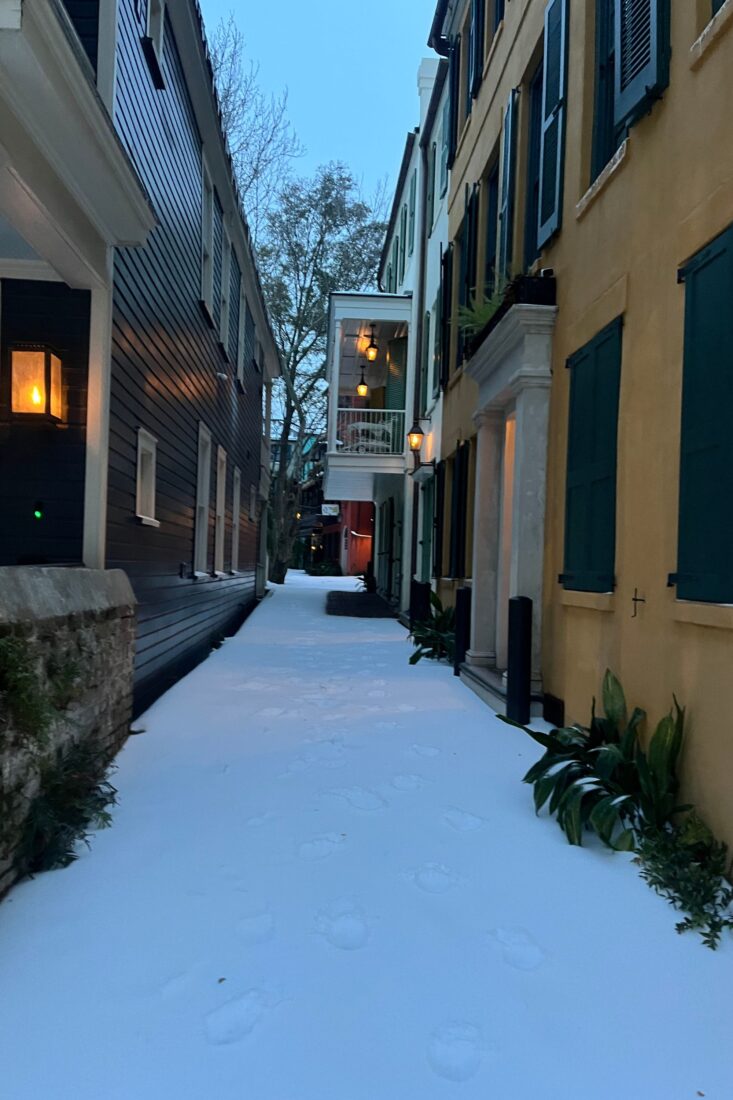 Houses along a snowy alley