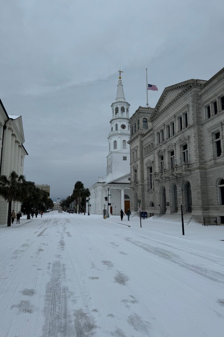 A church on a snowy street