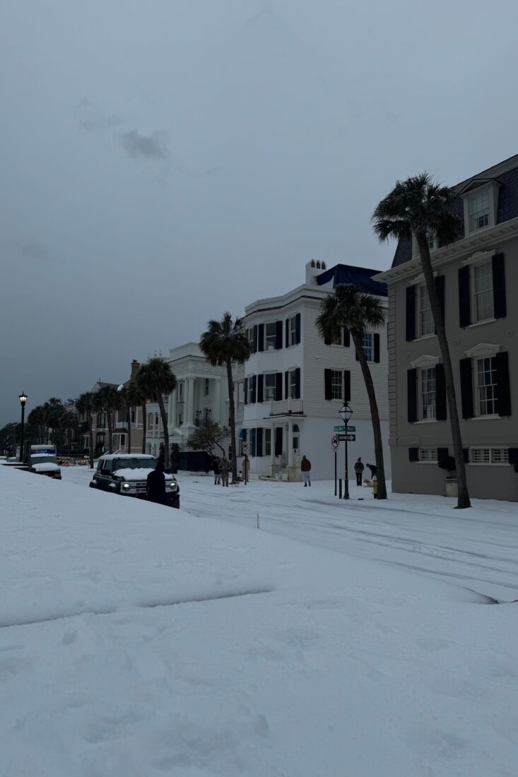 Historic houses in the snow at dawn