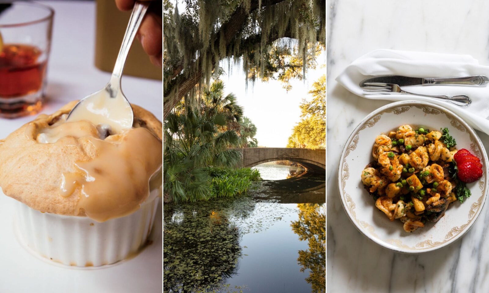 A collage of three images: bread pudding, a bridge over the water in a park, and a bowl of shrimp and peas