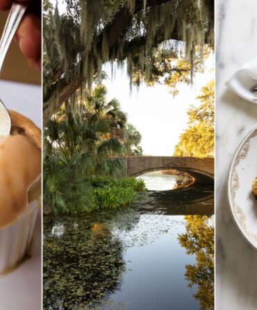 A collage of three images: bread pudding, a bridge over the water in a park, and a bowl of shrimp and peas