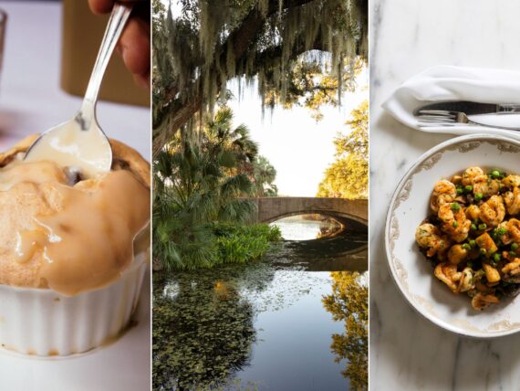 A collage of three images: bread pudding, a bridge over the water in a park, and a bowl of shrimp and peas