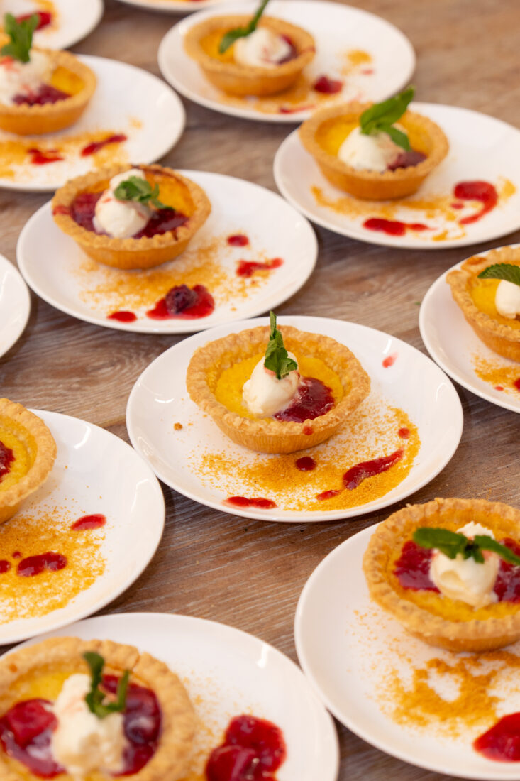Buttermilk pie, with stone fruit compote and pecan brittle.