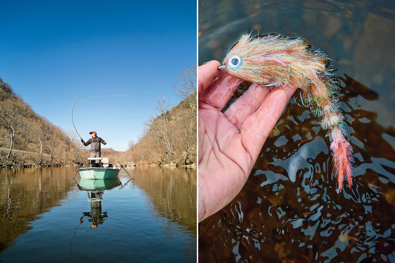 A man casts a fly rod on a river from a boat; a hand holds a fly hook over water