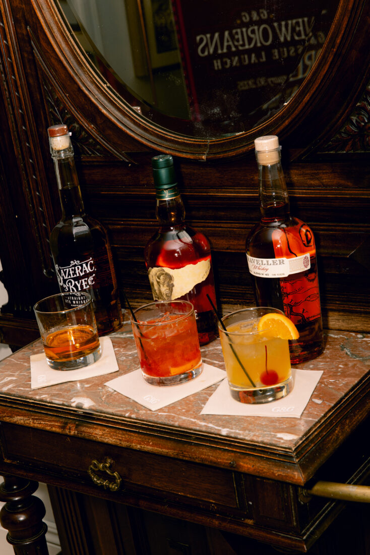 From left: The Sazerac, Buffalo Trace Old-Fashioned, and Lucky Penny cocktails.