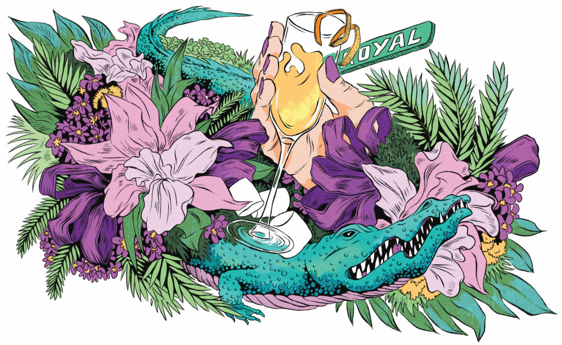 An illustration of a hand coming out of a mass of flowers and foliage with an alligator