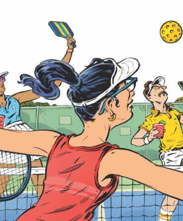 An illustration of people playing pickleball