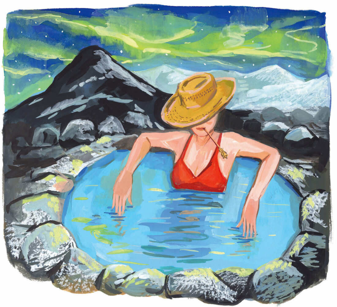 An illustration of a woman in a spring bath in the mountains