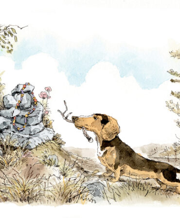 An illustration of a mixed breed dog putting a stick on a decorated gravesite. Int he background, a man watches