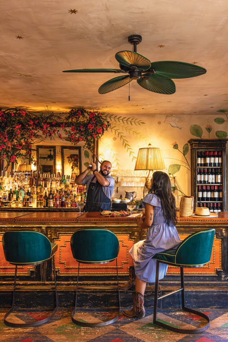 A woman sits at a cozy bar with florals painted on the wall as a man shakes a cocktail