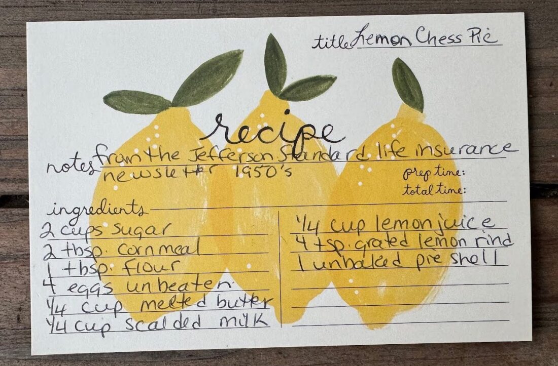 A lemon-printed recipe card with a recipe for lemon chess pie