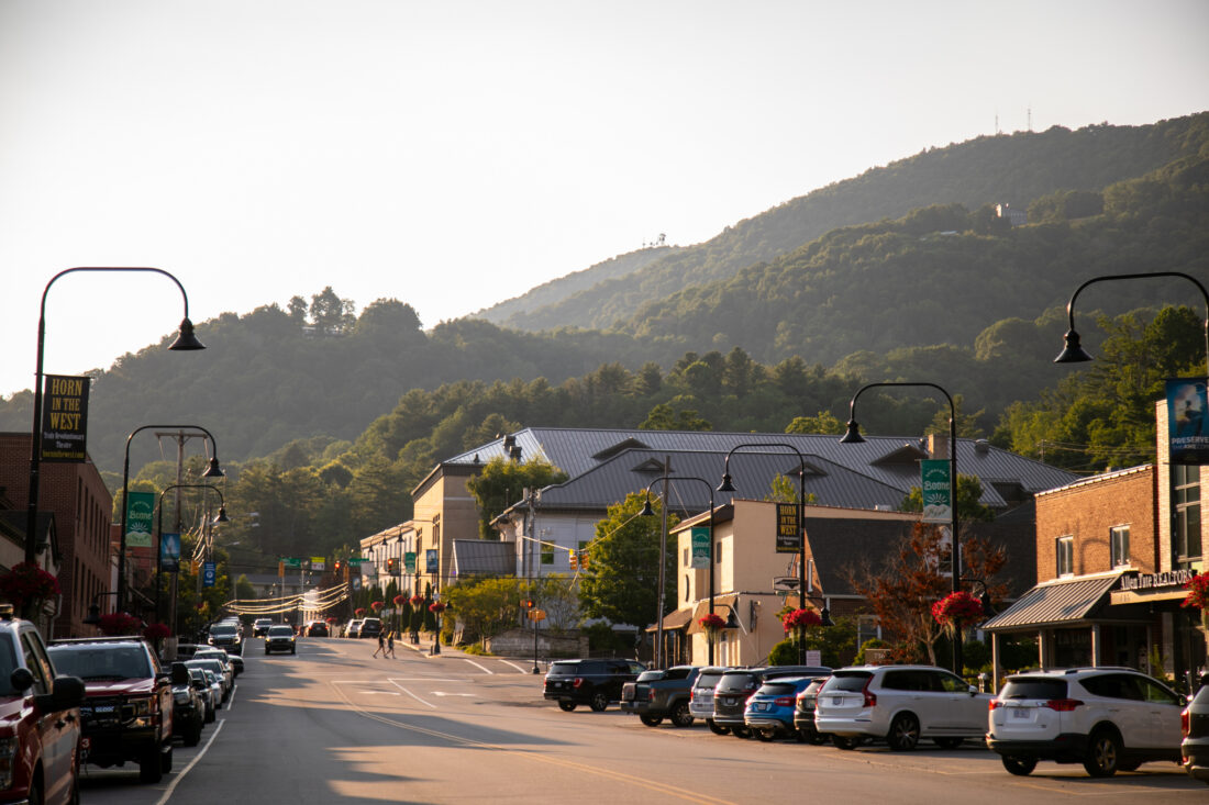 A scene of a mountain town