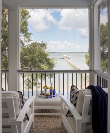 A porch looks out to the water