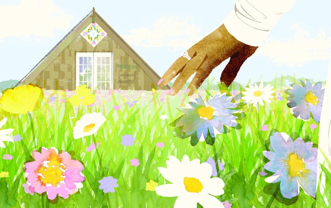 An illustration hand picking a flower in a field