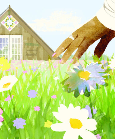 An illustration hand picking a flower in a field