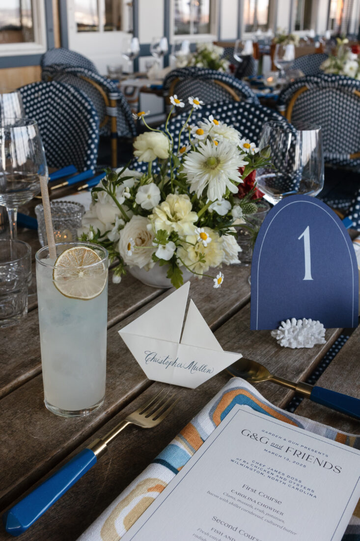 The G&G and Friends Dinner Party tablescape captured the essence of Wilmington, NC’s coastal charm, alongside the Lychee Paloma cocktail, comprised of tequila, lychee liqueur, grapefruit soda, and lime.