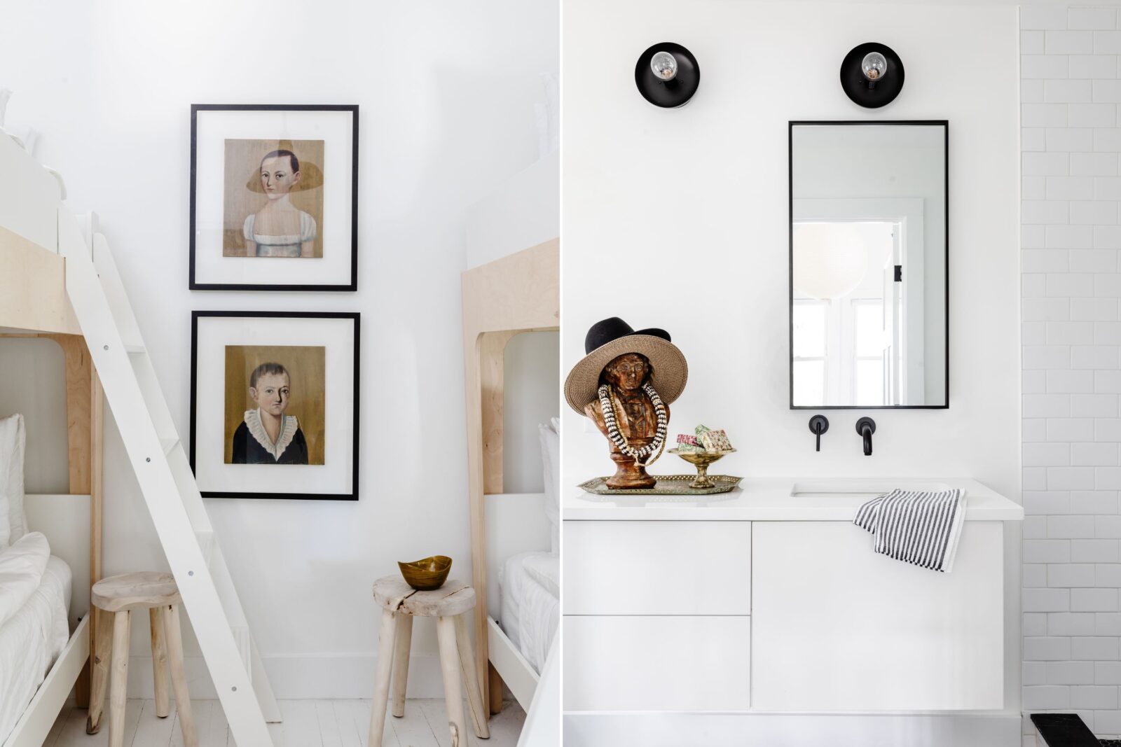 Two stacked paintings by a bunk bed in a white room; a white bathroom with a sculptural head by the sink