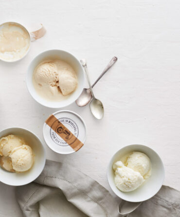 An overhead view of bowls of ice cream