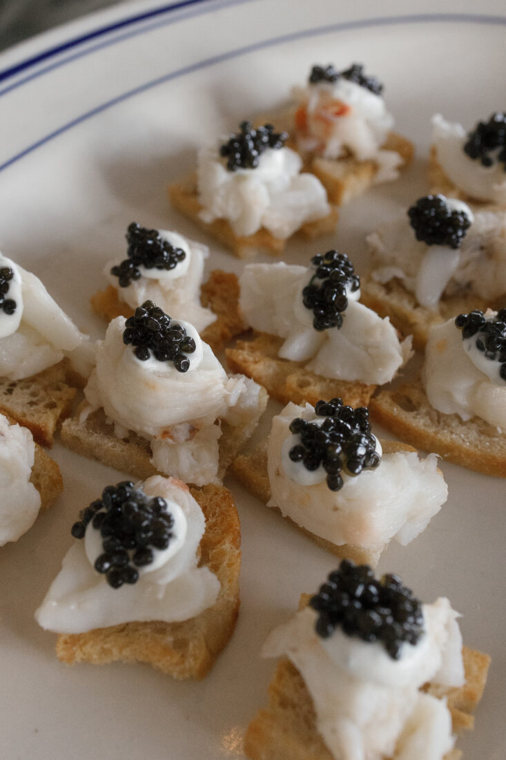Freshly caught spiny lobster off the shores of Wilmington, NC, and Marshallberg Osetra on toast, served during cocktail hour.