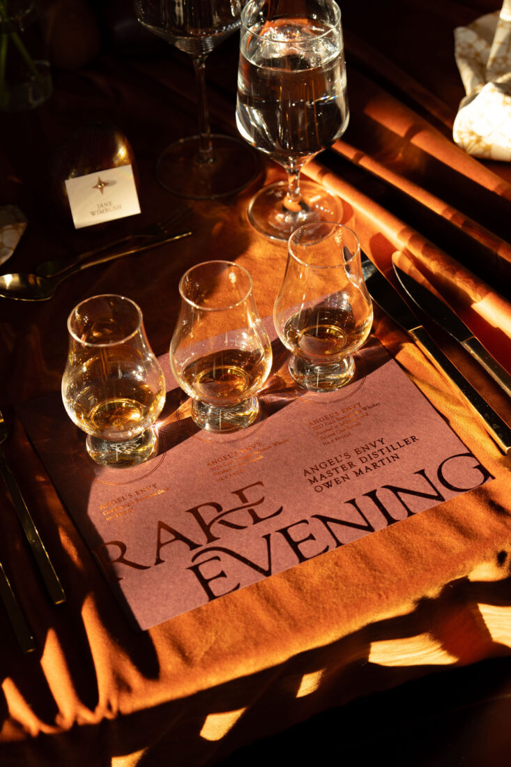 The dinner kicks off with a tasting flight of rare Angel’s Envy bourbons, led by Martin.