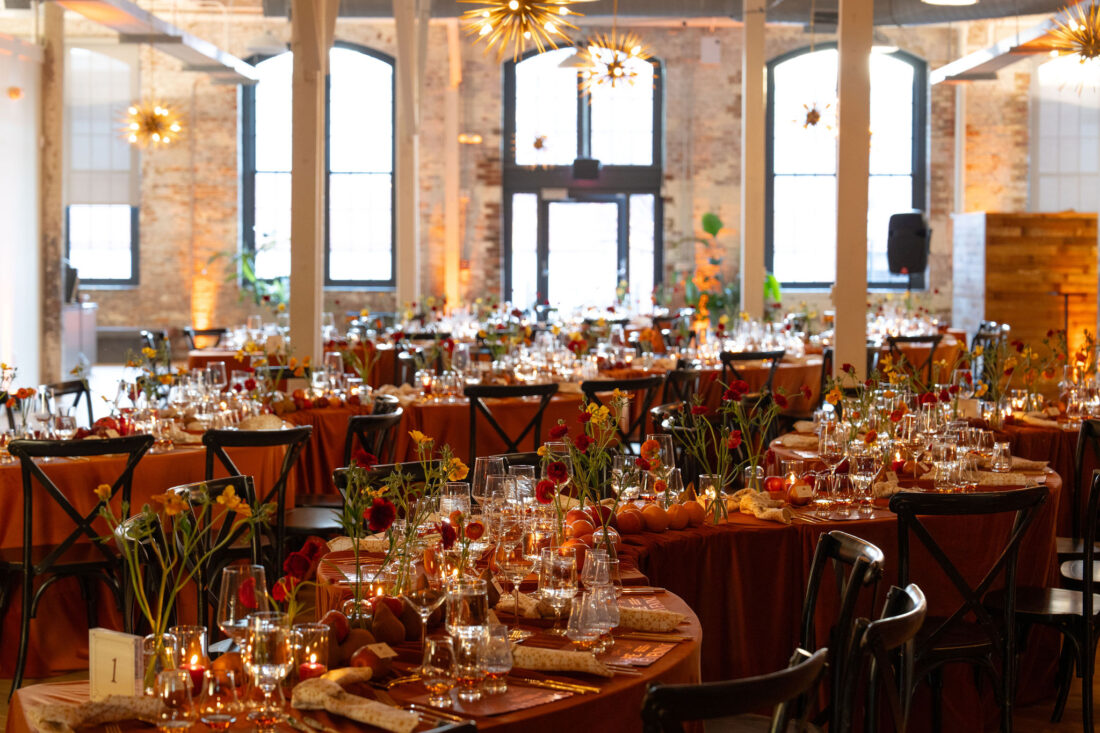 The tables are set in an elegant serpentine design.