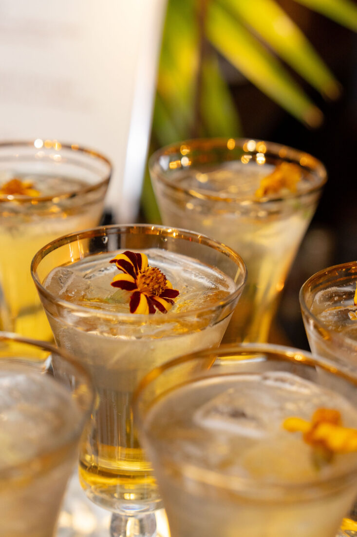 The Kentucky Blonde: Angel’s Envy Port Finished Bourbon, elderflower liqueur, floral aperitif, sparkling wine, and botanical tincture.