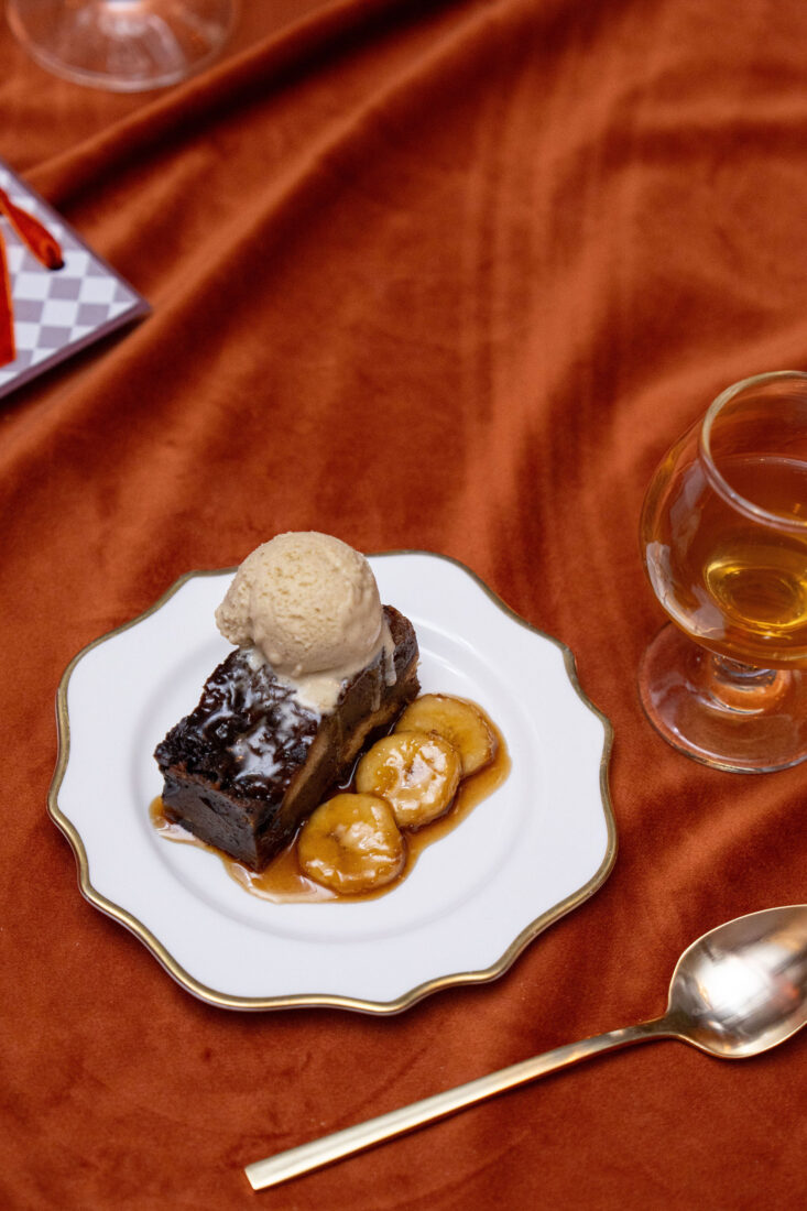 Chocolate brioche bread pudding featuring banana ice cream and bananas Foster.