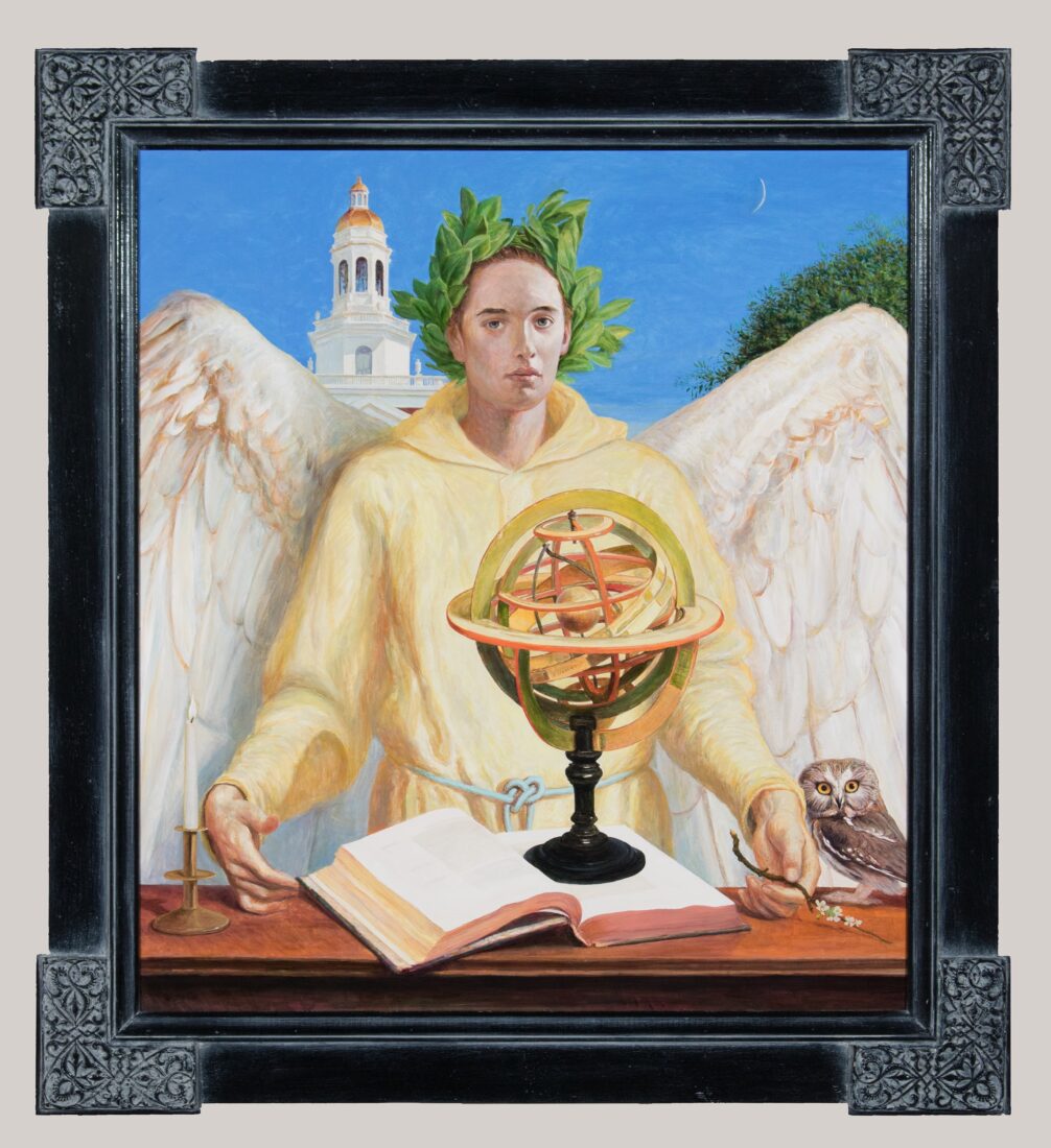 A painting of an angel with a globe