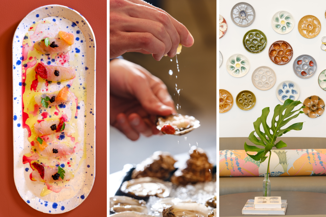 A collage of three images; a fish dish, a chef preparing oysters, and a wall of oyster plates