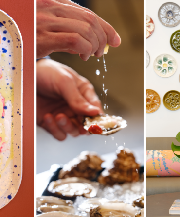 A collage of three images; a fish dish, a chef preparing oysters, and a wall of oyster plates