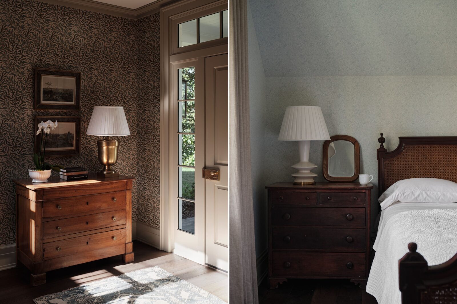 An entryway with patterned wallpaper and antique dresser; a bedside table with a wood dresser