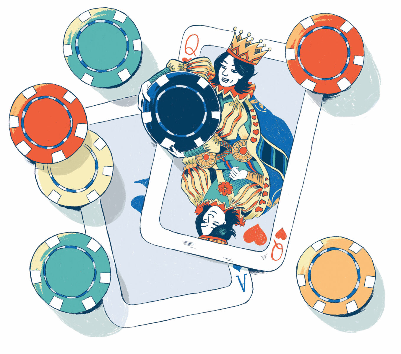 An illustration of a queen card with poker chips